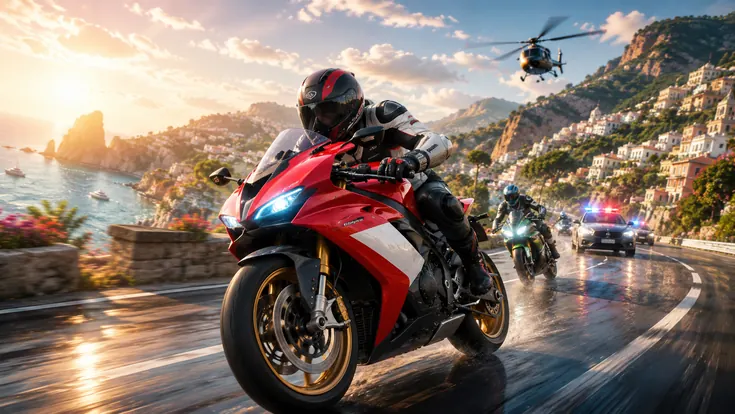 Red sport motorcycle leading a police chase along a scenic coastal highway.