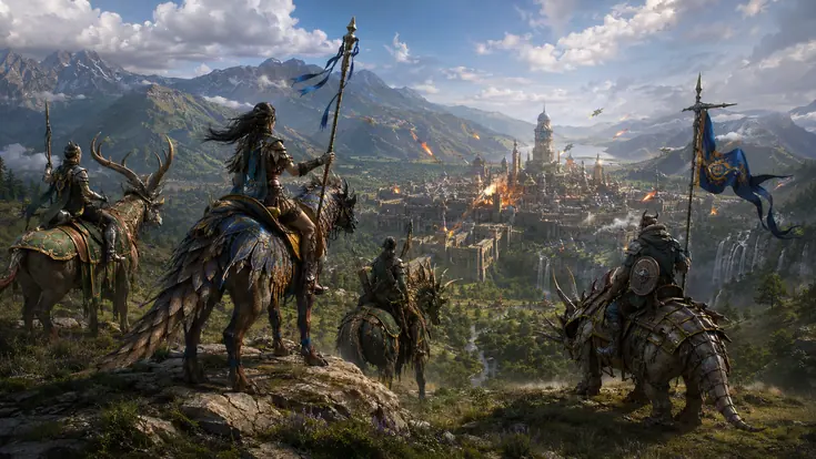 Armored fantasy riders overlooking a city under siege in a mountain valley.