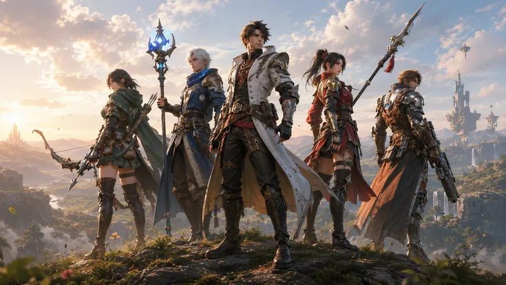 Fantasy hero team standing together in a cinematic open-world landscape