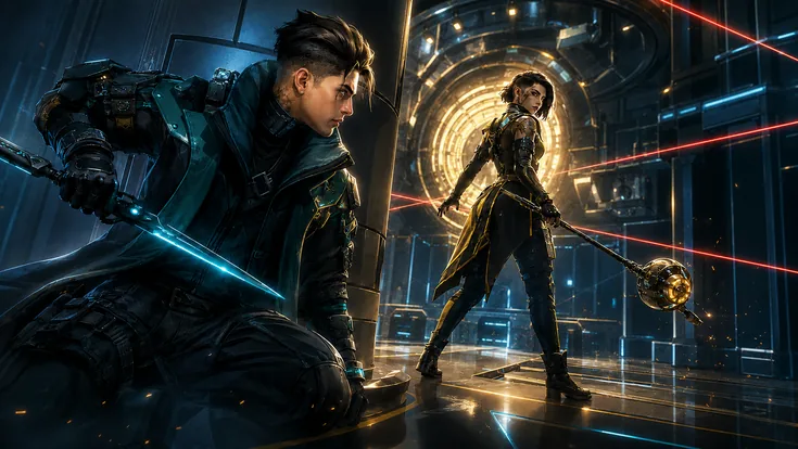 Futuristic stealth operatives inside a high-tech vault with laser security systems.