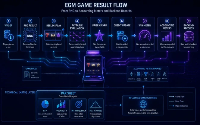 EGM RNG, Paytable, PAR Sheet, and Meter Flow Flow from RNG outcome through paytable evaluation and PAR sheet math to credit and win meter updates