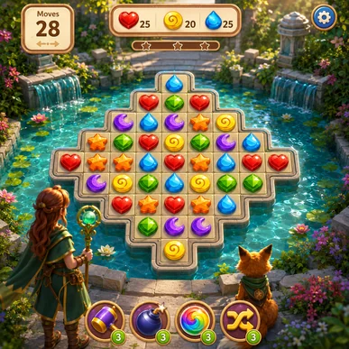 Colorful fantasy match-three puzzle game set in a magical garden with a young adventurer and fox companion.