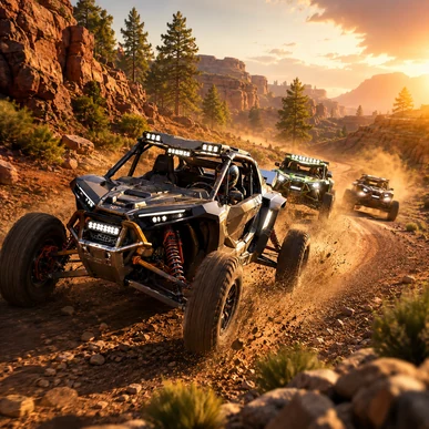 Realistic off-road racing buggies speeding through a sunlit rocky canyon trail.