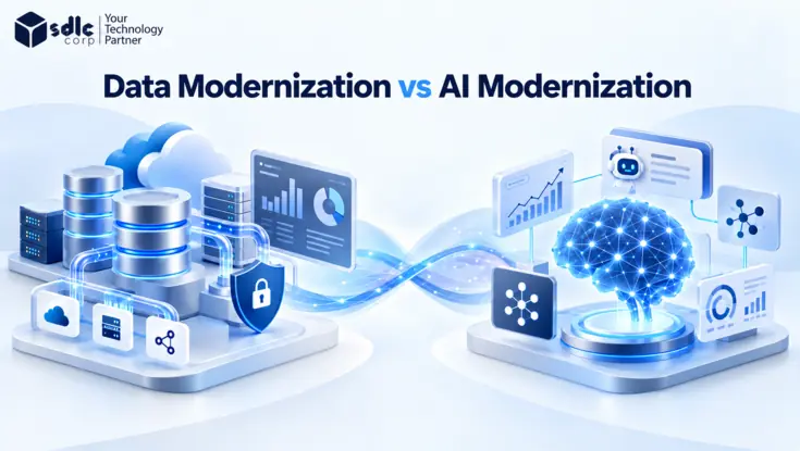 Data modernization versus AI modernization illustration showing secure data infrastructure connected to AI models, analytics, and automation.