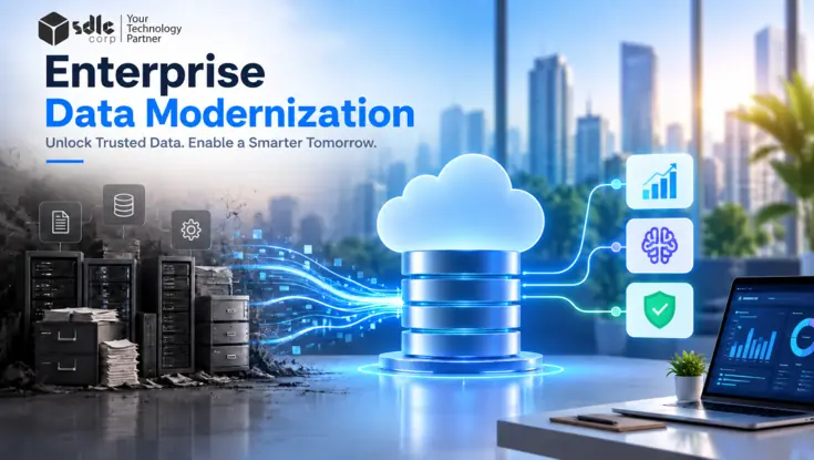 Enterprise data modernization illustration showing legacy systems transformed into a secure cloud data platform with analytics, AI, and governance