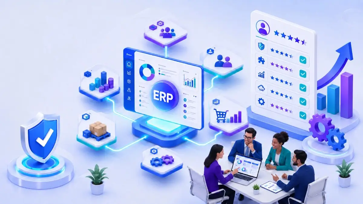 ERP system evaluation dashboard connected to business modules, security, analytics, and a team reviewing software options.
