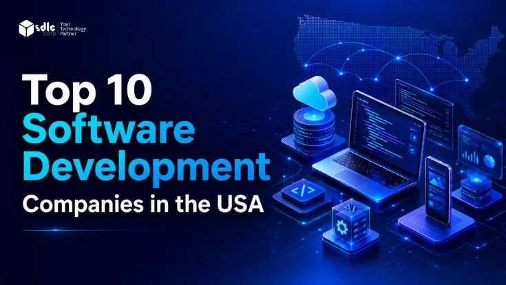Top 10 software development companies in the USA with cloud, coding, AI, and application development visuals