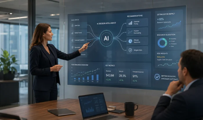 SDLC Corp AI Decision Intelligence solutions, with confidence thresholds and human approval controls
