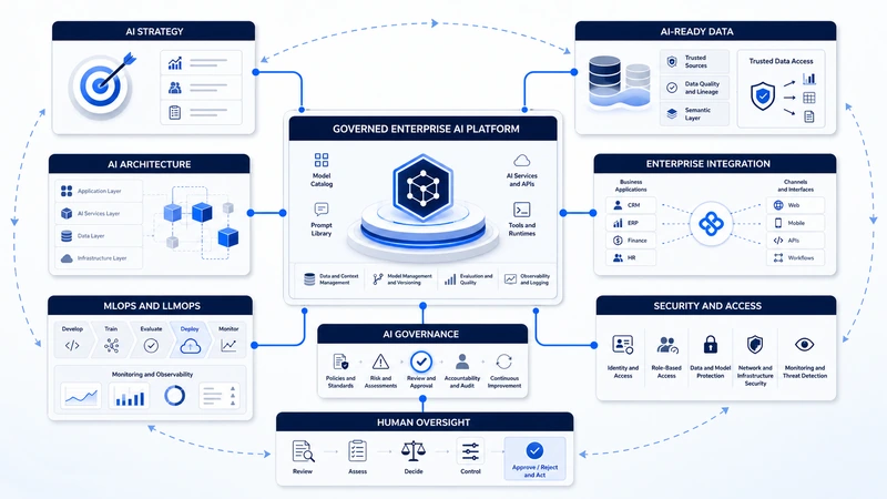 Enterprise AI modernization capability layers including strategy, data access, architecture, delivery operations, governance, and monitoring