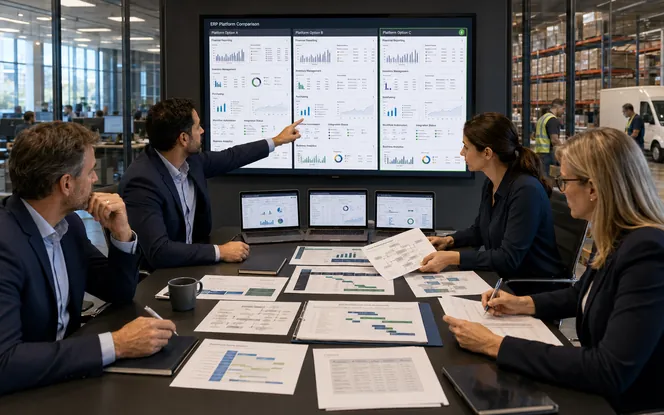 Business team comparing ERP platforms and implementation requirements