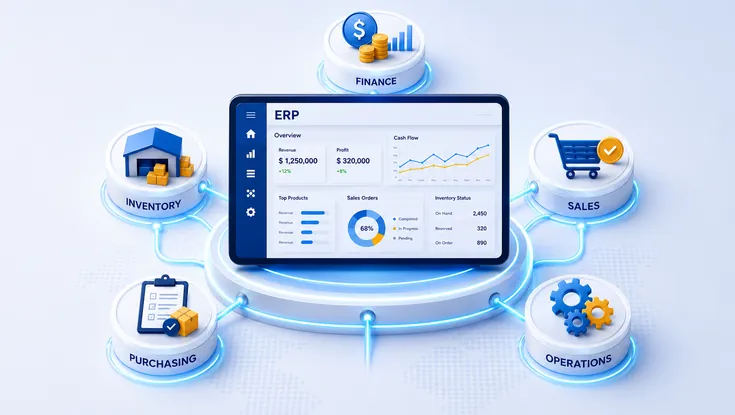 Modern ERP system illustration with a central dashboard connected to finance, inventory, sales, purchasing, and operations modules.