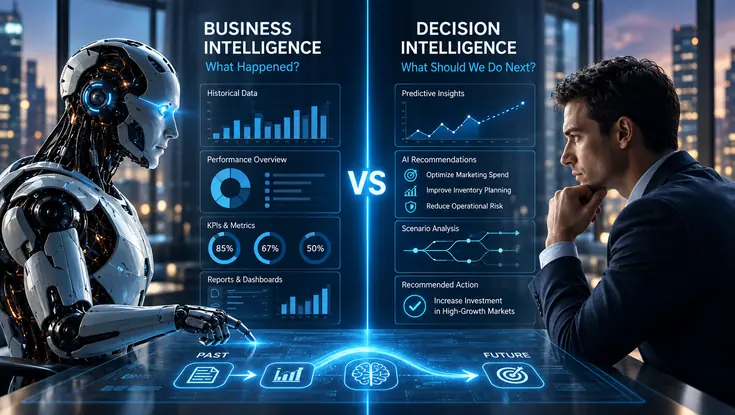 Business intelligence vs decision intelligence comparison showing historical analytics and predictive AI-driven recommendations.