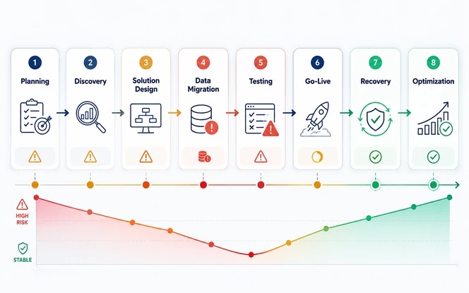 ERP implementation risk and recovery lifecycle from planning through go-live and optimization