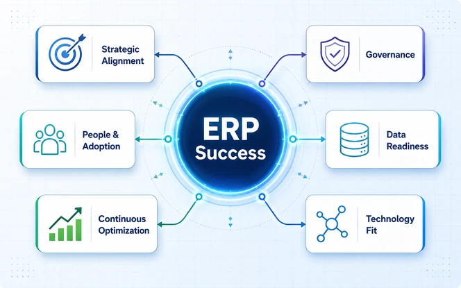 ERP implementation success framework connecting strategy, governance, data, technology, adoption, and optimization