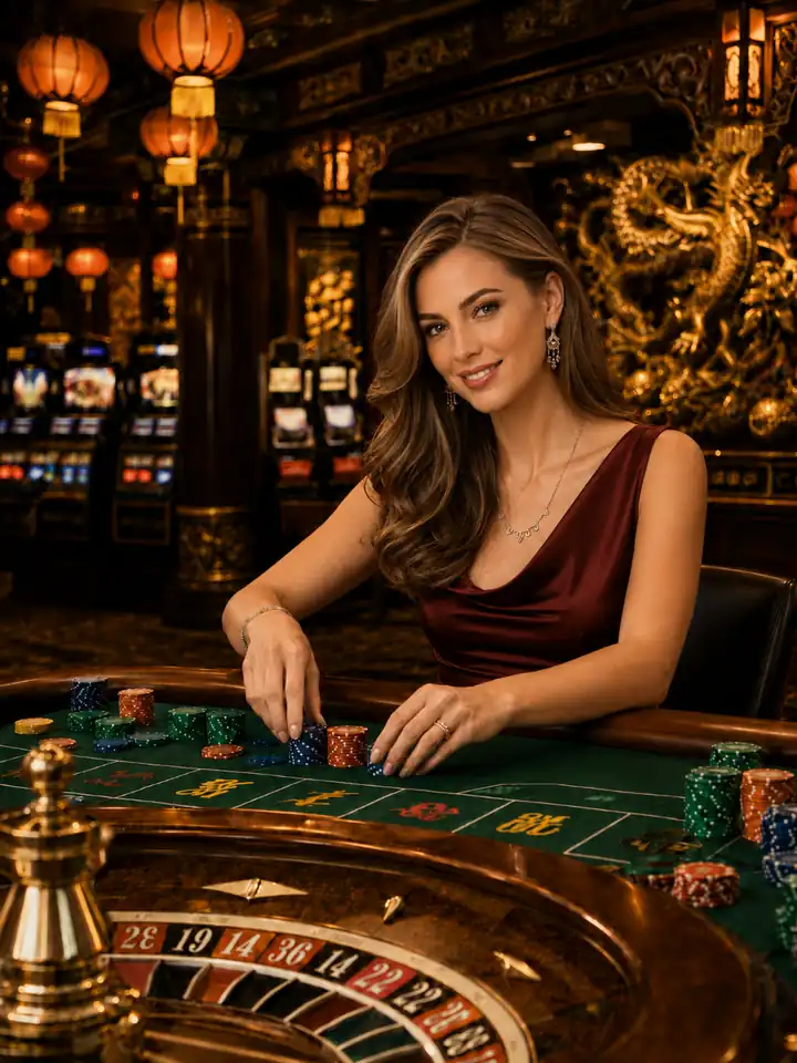 Casino game development solutions Woman placing casino chips at a roulette table in a luxury casino.