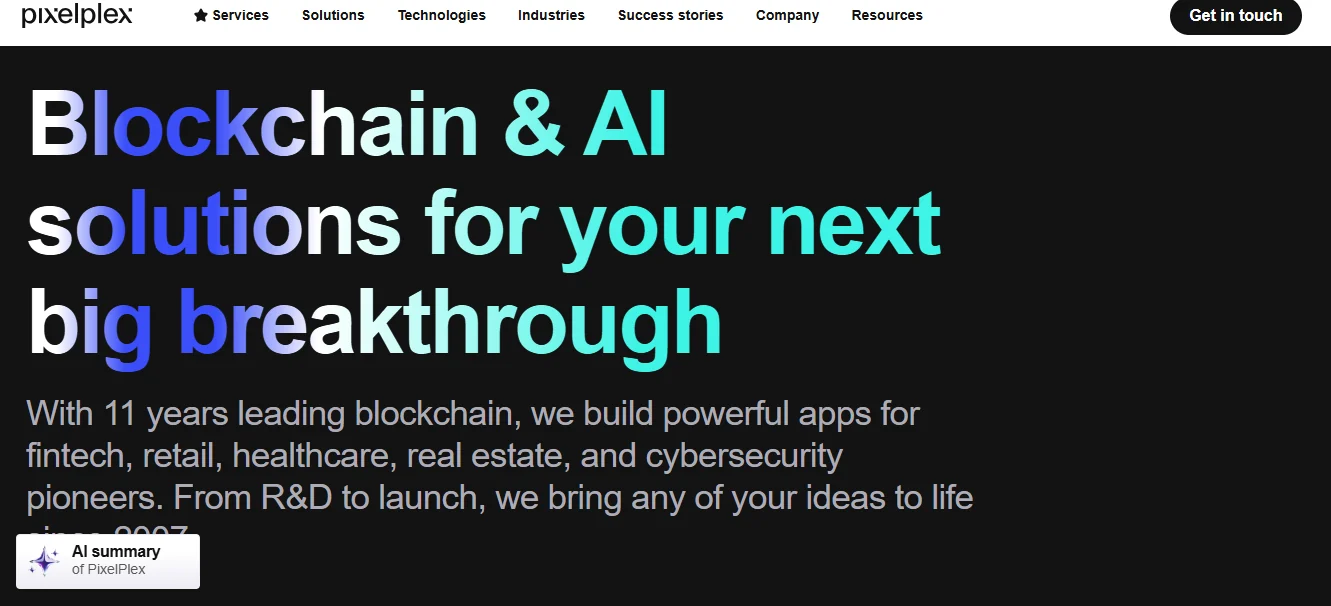 PixelPlex blockchain development services homepage