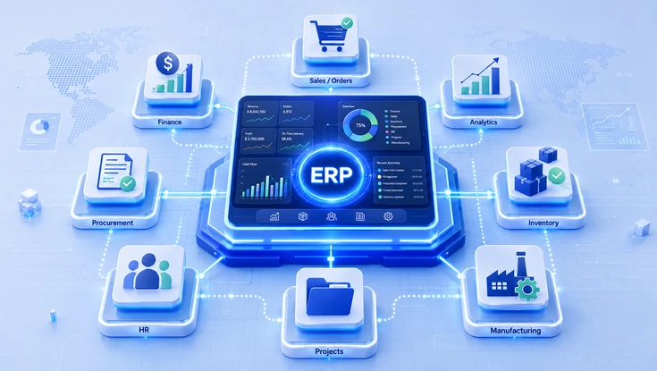 Central ERP dashboard connected to finance, sales, analytics, inventory, manufacturing, projects, HR, and procurement modules.