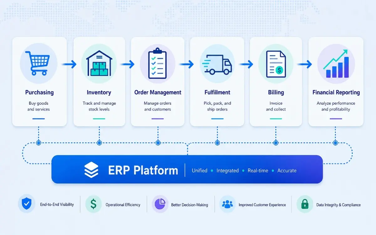 ERP modules working together across purchasing inventory sales operations and finance