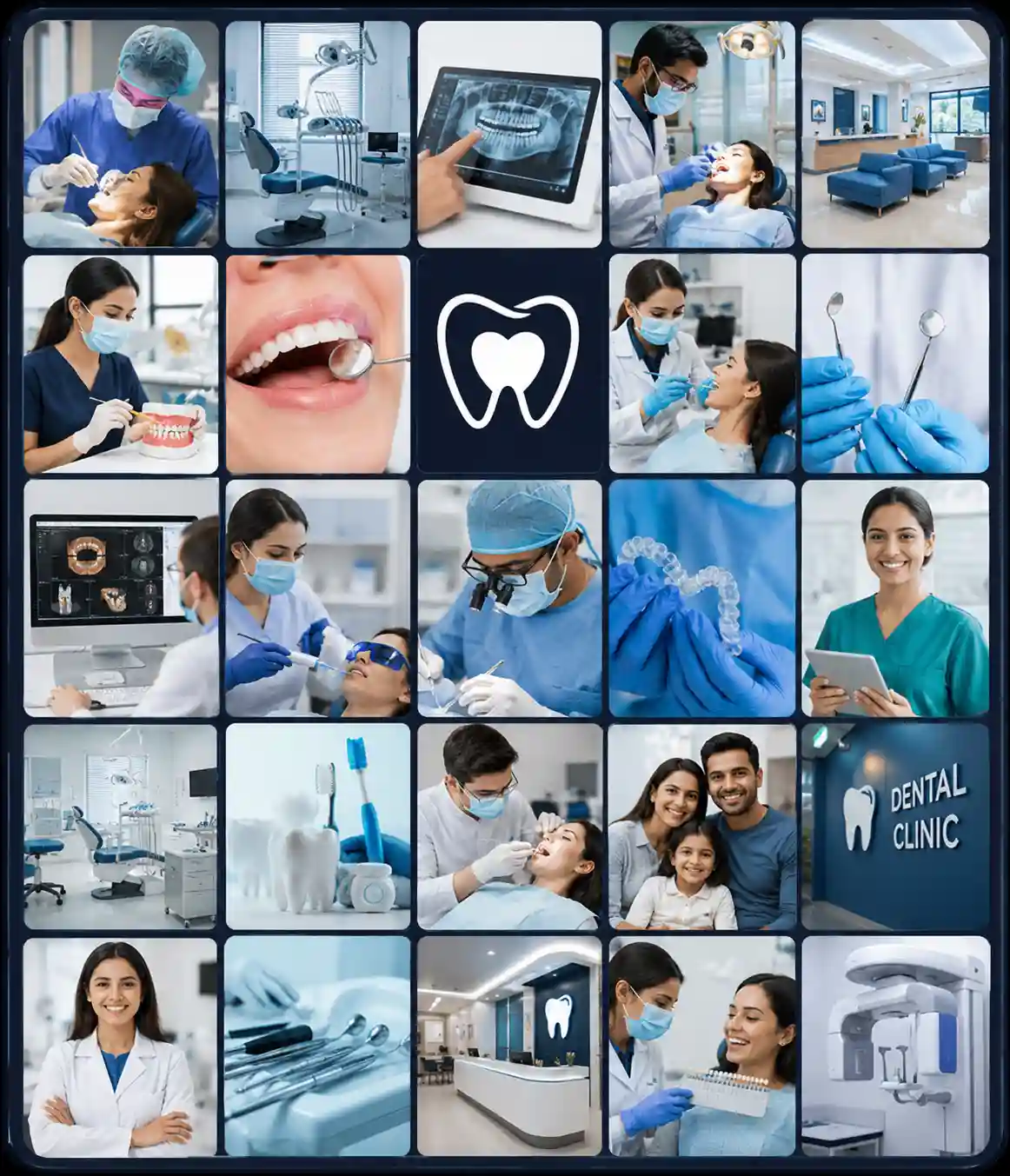 Collage of a modern dental clinic featuring dentists, dental treatments, digital X-rays, dental equipment, smiling patients, and a clean, professional clinic environment.