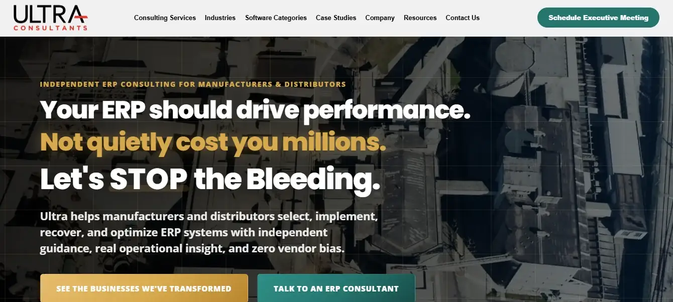 Ultra Consultants ERP development company official homepage preview