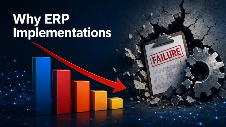 Why ERP implementations fail infographic featuring a declining bar chart, red downward arrow, broken gear, cracked wall, and failure report representing ERP project challenges.