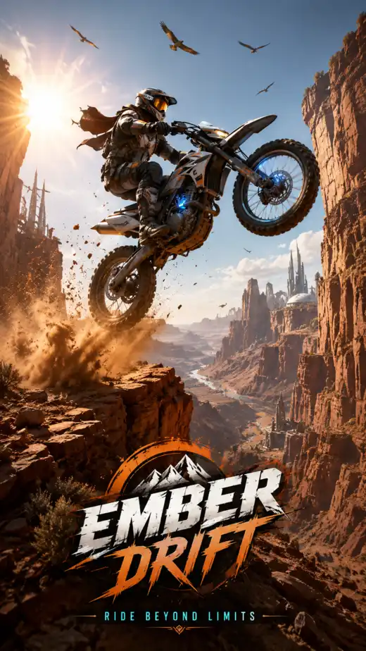 Futuristic motocross rider performing a dramatic cliff jump across a sunlit desert canyon