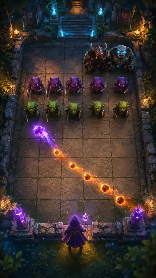 Hooded mage launching magical fire orbs toward goblin warriors and armored bosses in a stone arena