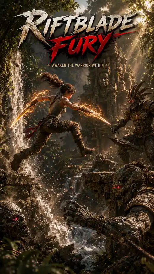 Female warrior wielding fiery blades while battling stone monsters inside ancient jungle ruins