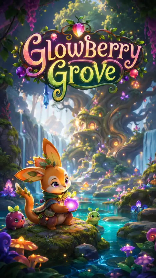 Cute fantasy forest creature holding a glowing berry beside a magical river and illuminated tree village