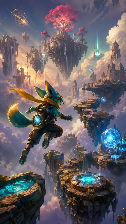 Fantasy adventurer leaping across ancient floating ruins toward glowing energy portals above the clouds