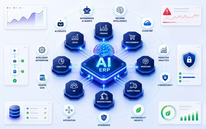 AI in ERP trends overview showing connected enterprise modules, predictive analytics, automation, governance, and intelligent ERP capabilities