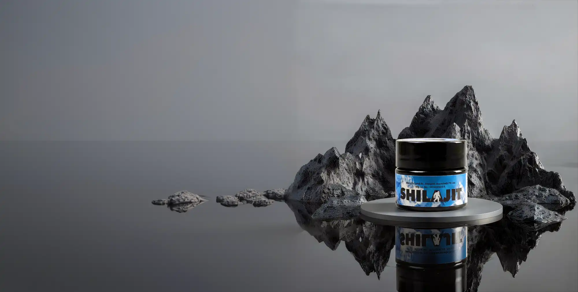 Shilajit product jar displayed against a dark mountain landscape
