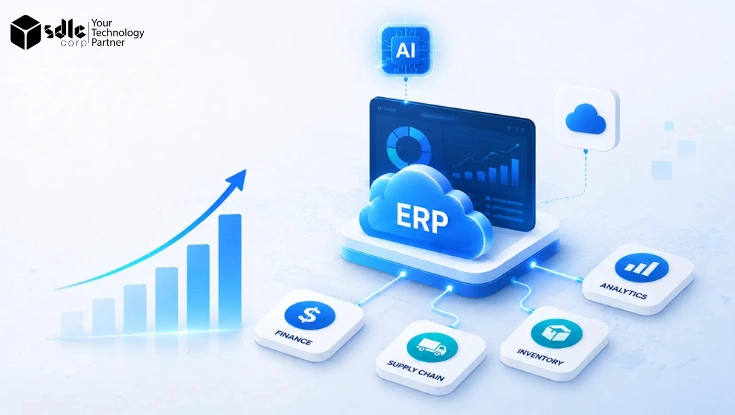 AI-powered cloud ERP platform connecting finance, supply chain, inventory, and analytics modules, with the SDLC Corp logo and an upward growth chart.