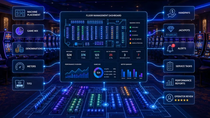 Casino slot machine floor management dashboard monitoring gaming machines and floor performance