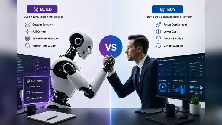 Decision intelligence build vs buy comparison showing a robot and business professional, with custom solution benefits on the left and ready-made platform advantages on the right.