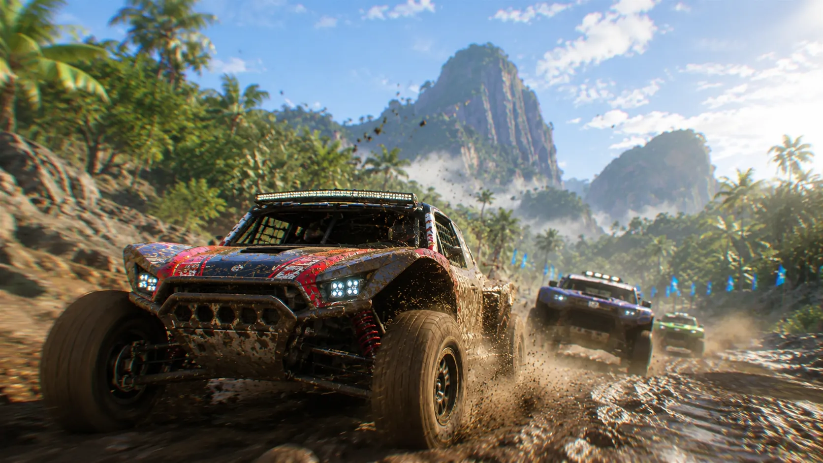 Off-road racing game scene with buggies on a muddy jungle track