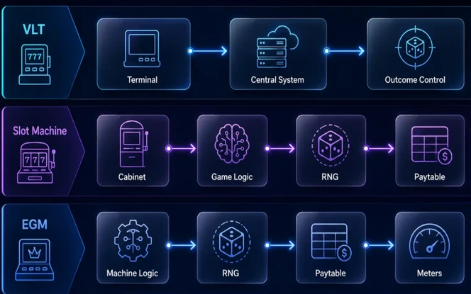 VLT Slot and EGM Game Outcome Control Architecture VLT, slot machine, and EGM game outcome control architecture showing terminal, central system, game logic, RNG, paytable, and meters