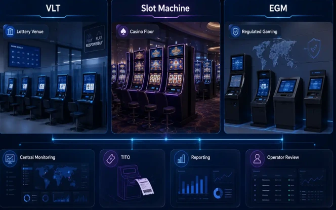 VLT Slot Machine and EGM Deployment Models VLT, slot machine, and EGM deployment model comparison showing lottery venues, casino floors, regulated gaming locations, monitoring, TITO, and reporting