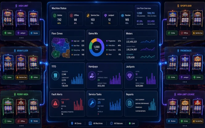 Slot Floor Management Dashboard Slot floor management dashboard showing machine status game mix meters tickets handpays jackpots alerts service tasks and reports