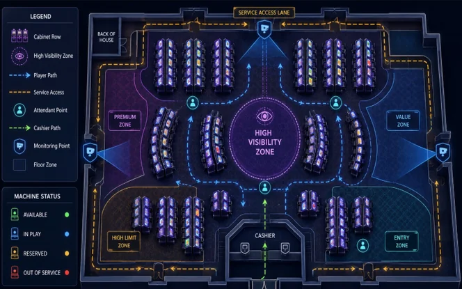 Slot Floor Layout and Machine Placement Map Slot floor layout and machine placement map showing cabinet rows floor zones player paths visibility areas service access and monitoring points