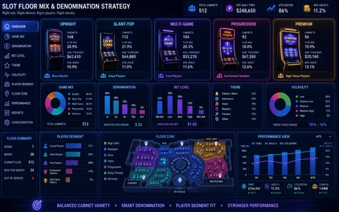 Slot Floor Game Mix and Denomination Planning Slot floor game mix and denomination planning dashboard showing cabinet types game themes bet levels player segments volatility and floor zones