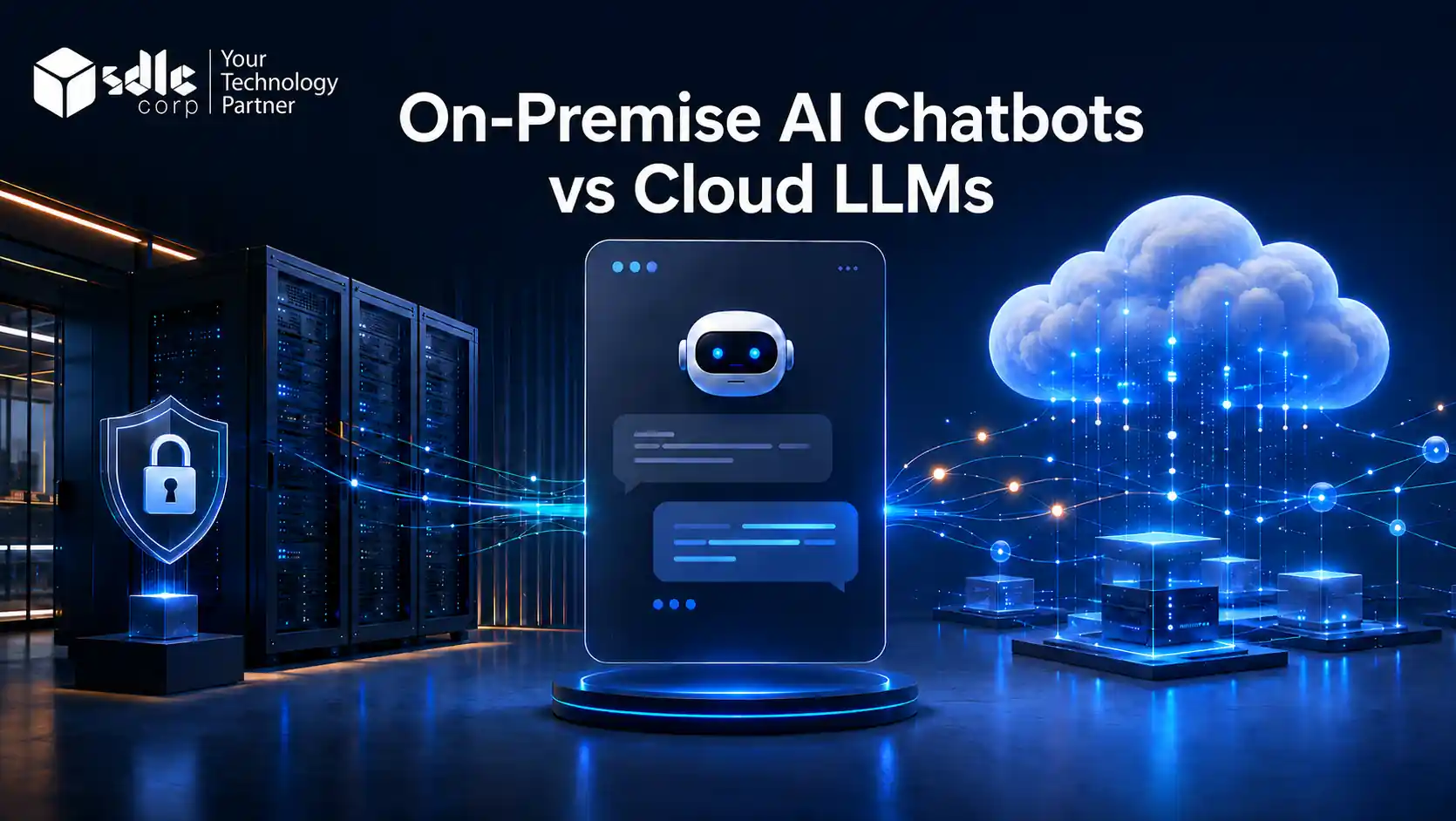 On-premise AI chatbot with secure server infrastructure compared with cloud LLM architecture.