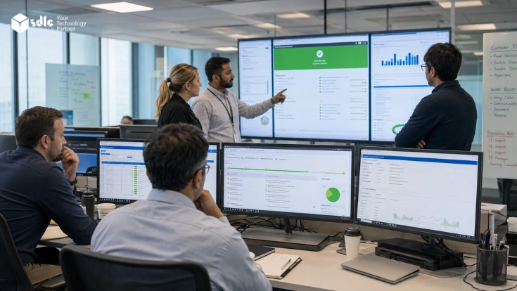 ERP cutover team monitoring go-live, rollback readiness, data migration, and hypercare dashboards in a real-time enterprise control room.