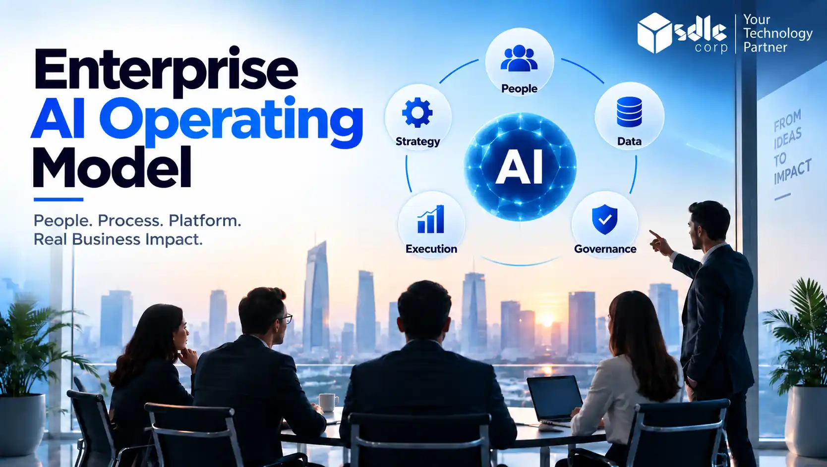 Enterprise AI operating model presented in a business meeting, highlighting people, strategy, data, execution, and governance around AI-driven business impact.