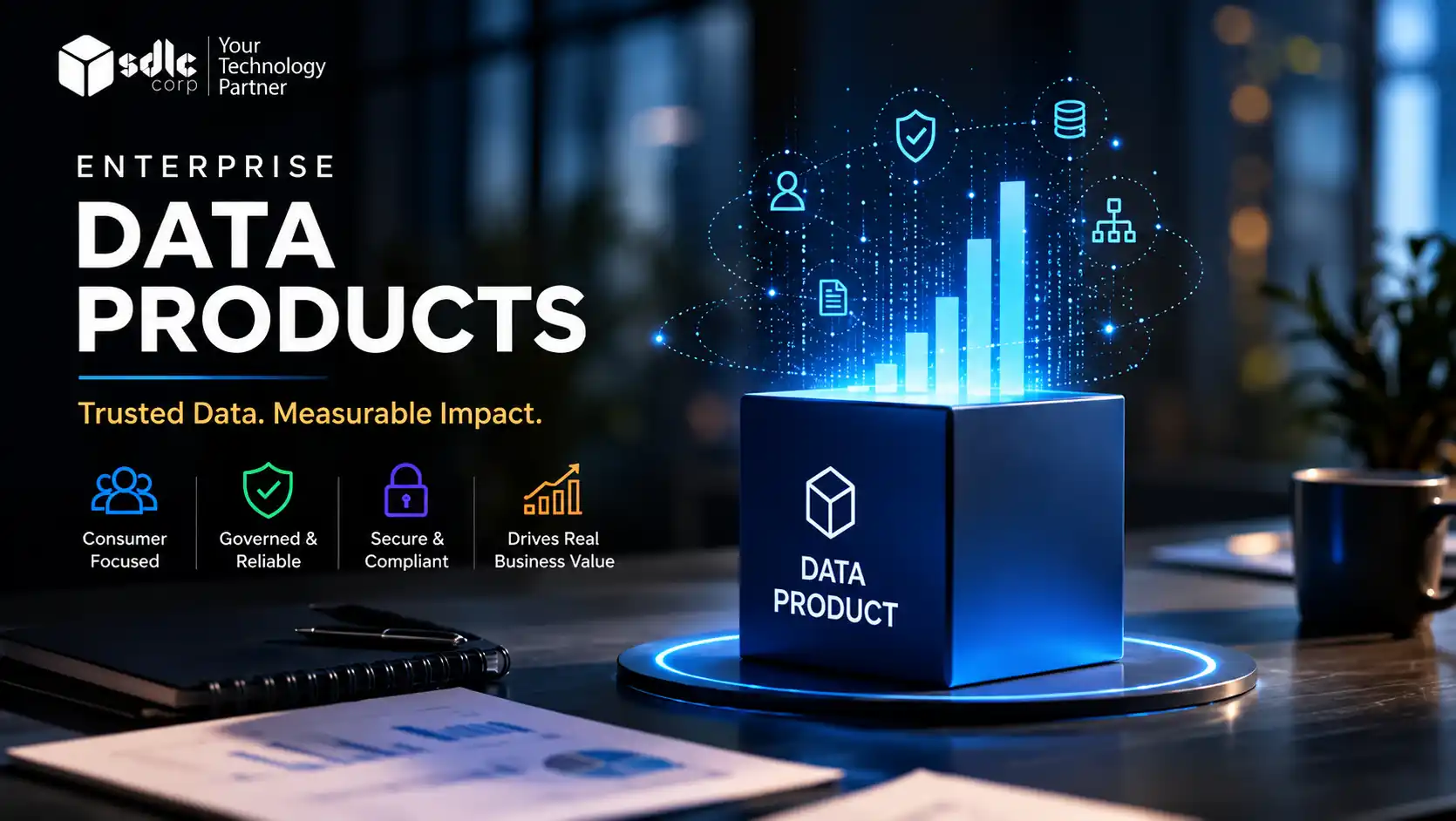 Enterprise data products concept showing a secure data product powering AI, analytics, governance, and business decision-making.