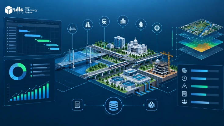 Technical PMIS dashboard for public infrastructure and capital improvement programs showing city assets, project timelines, GIS layers, budgets, and progress tracking.