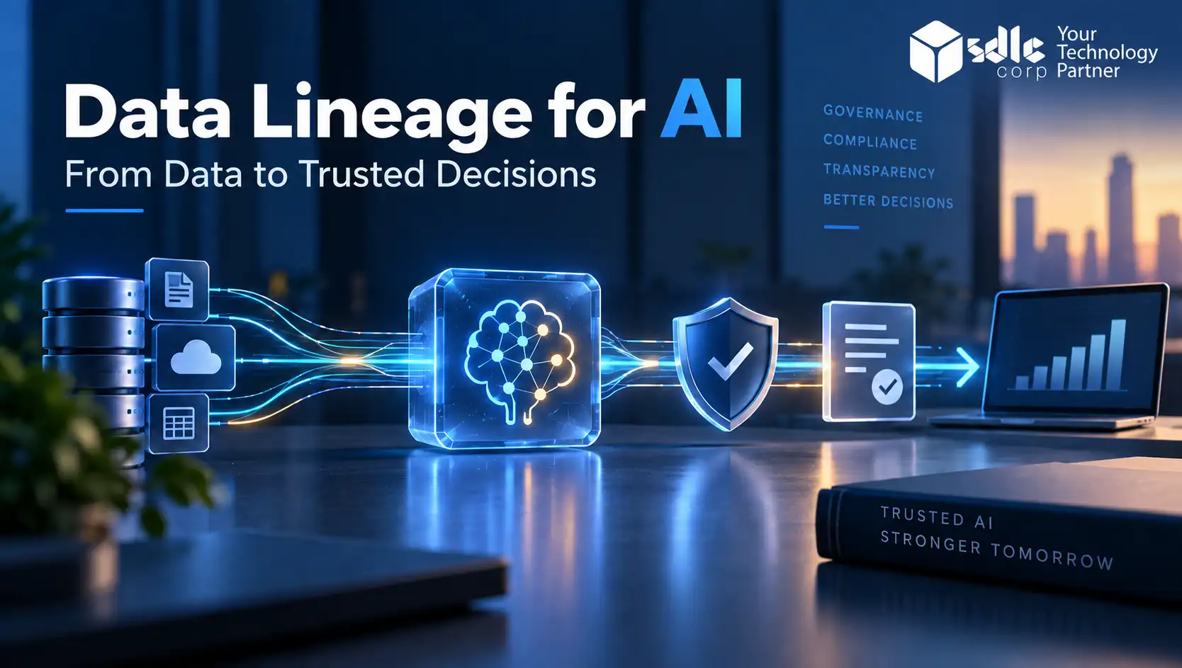Data lineage for AI showing data sources flowing through AI processing, governance, compliance, and validation to support trusted business decisions.
