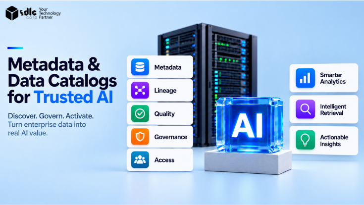 Metadata and data catalogs for trusted AI showing metadata, lineage, quality, governance, access, analytics, retrieval, and insights.