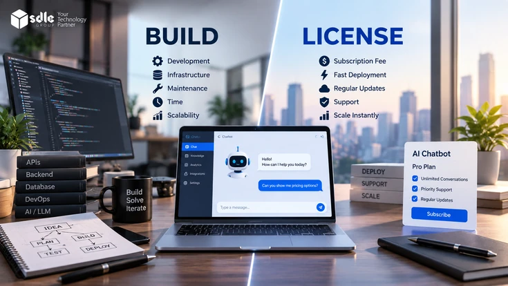 AI chatbot cost comparison showing Build vs License with developer tools, chatbot dashboard, subscription plan, and SDLC Corp logo.