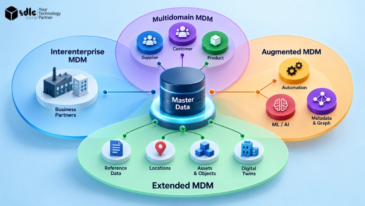 Master data management ecosystem connecting enterprise data, customer, supplier, product, AI, metadata, and digital assets.